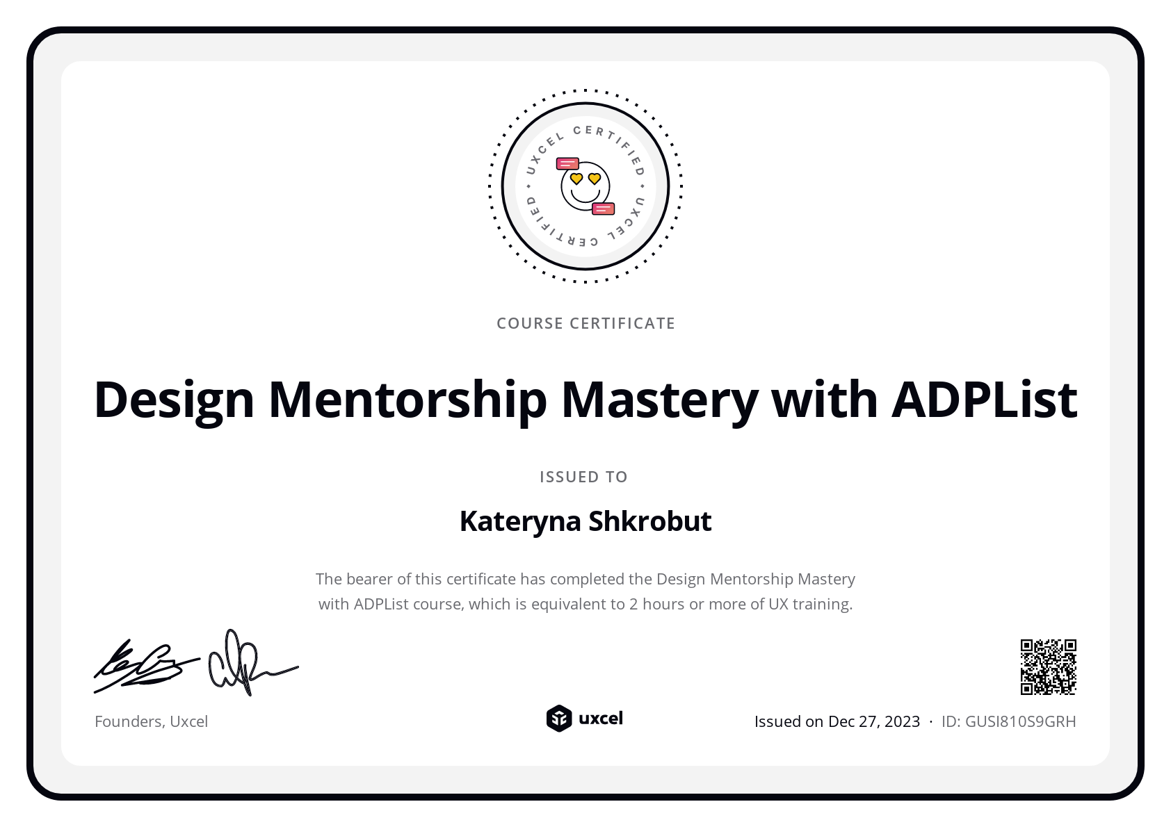 Kateryna Shkrobut's certificate